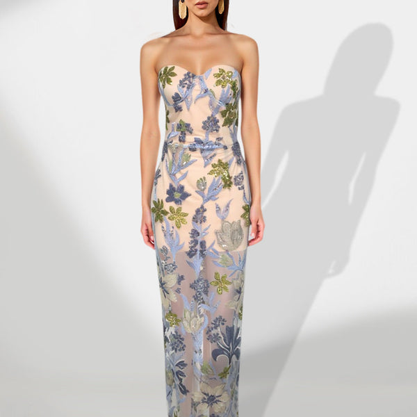 Long Maxi Dress with Floral Embroidery and Sparkling Sequins