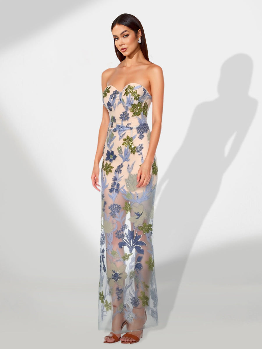 Long Maxi Dress with Floral Embroidery and Sparkling Sequins