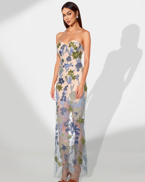Long Maxi Dress with Floral Embroidery and Sparkling Sequins