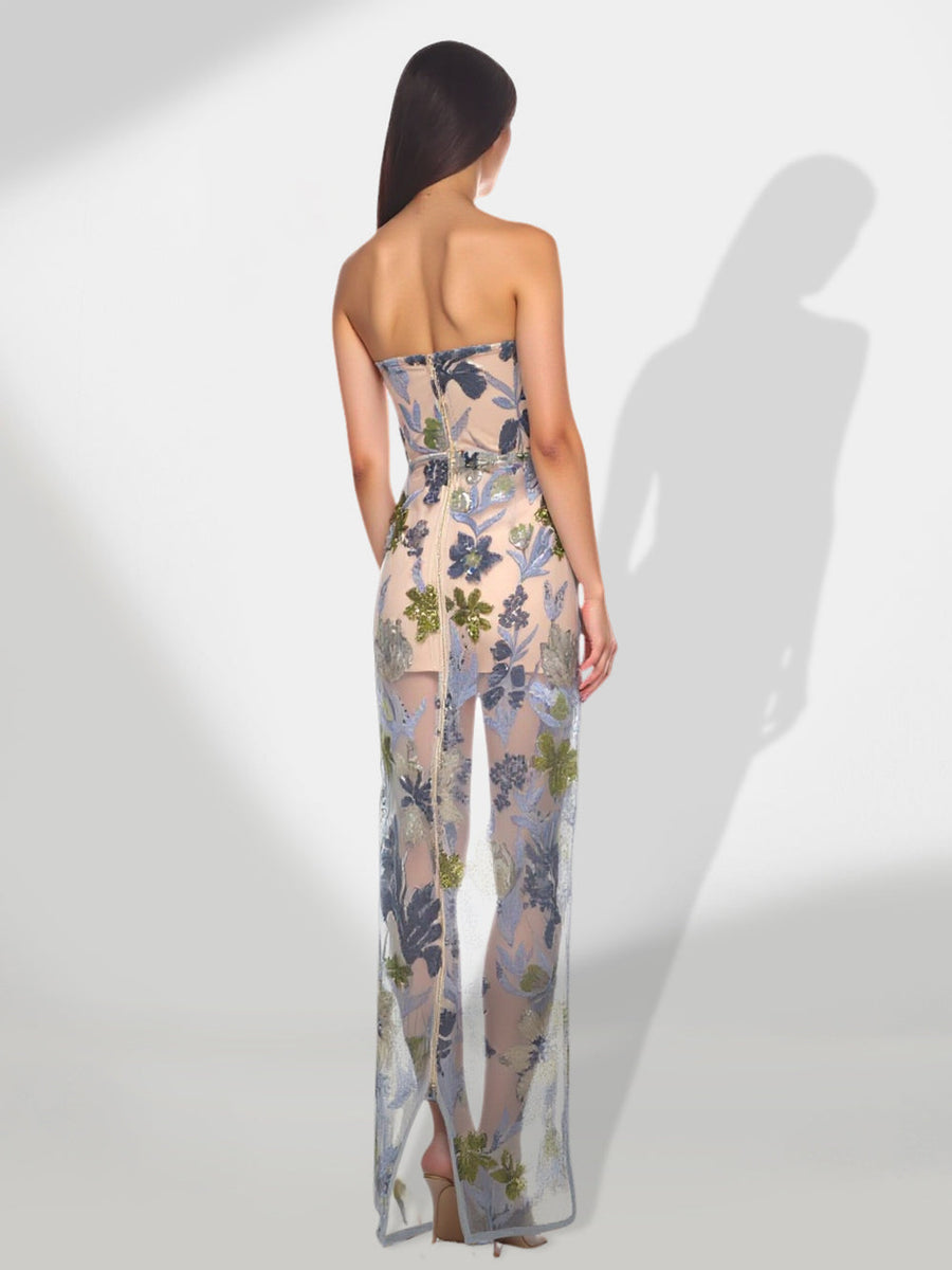 Long Maxi Dress with Floral Embroidery and Sparkling Sequins