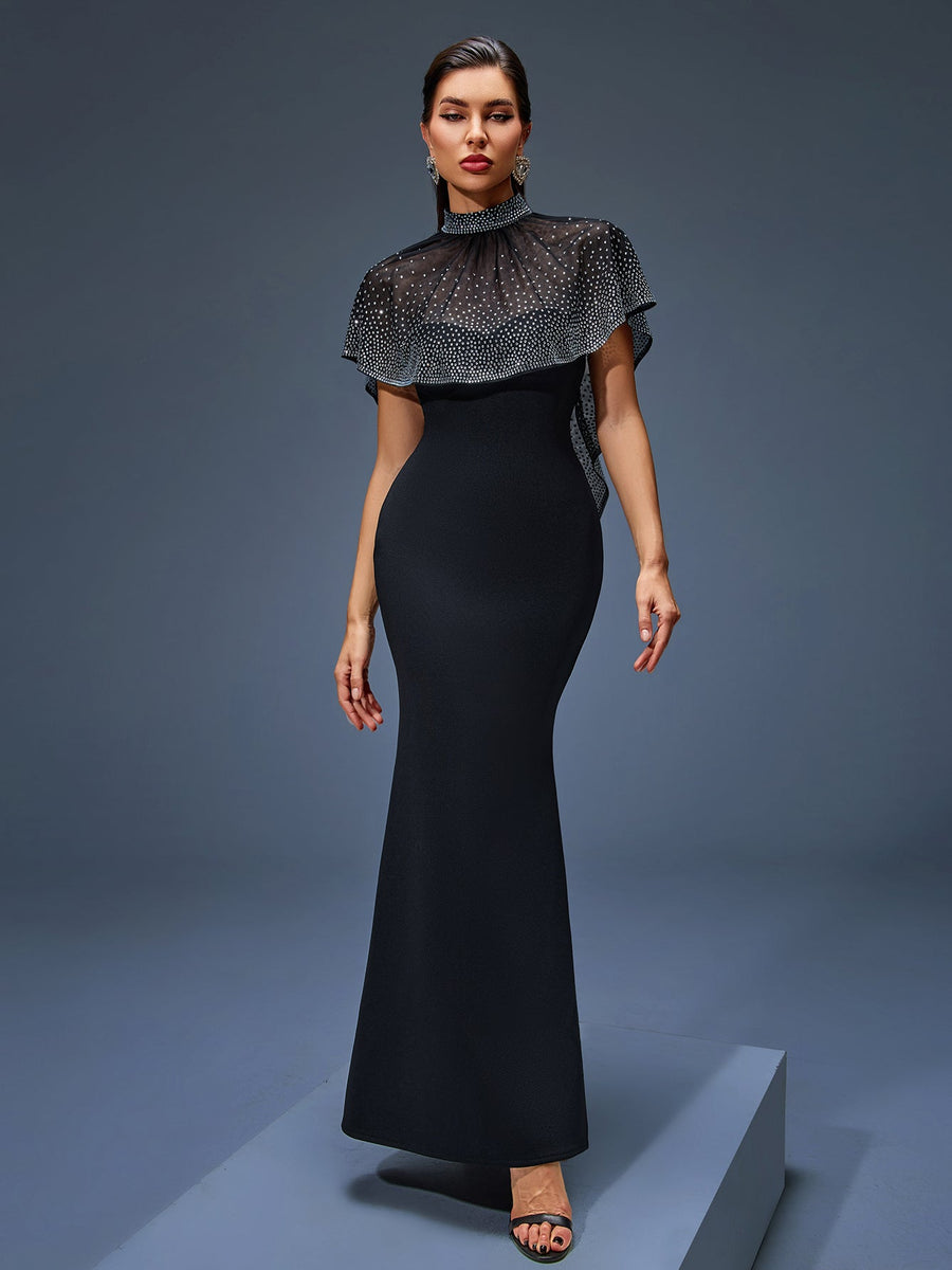 Long Tulle Dress with Pearl Cape for an Elegant and Sophisticated Look