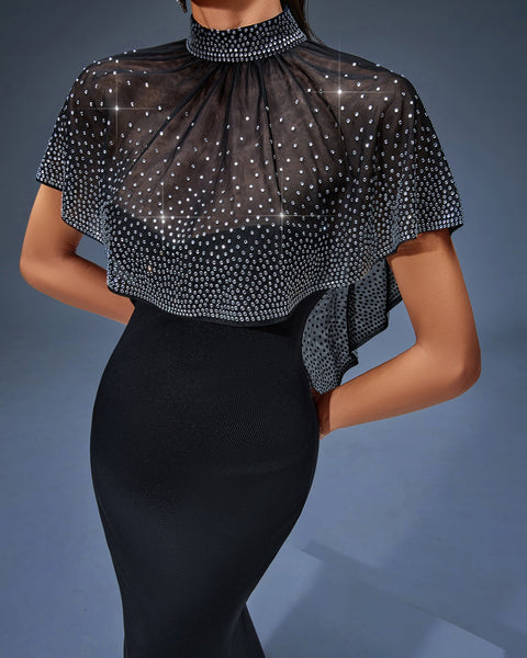 Long Tulle Dress with Pearl Cape for an Elegant and Sophisticated Look