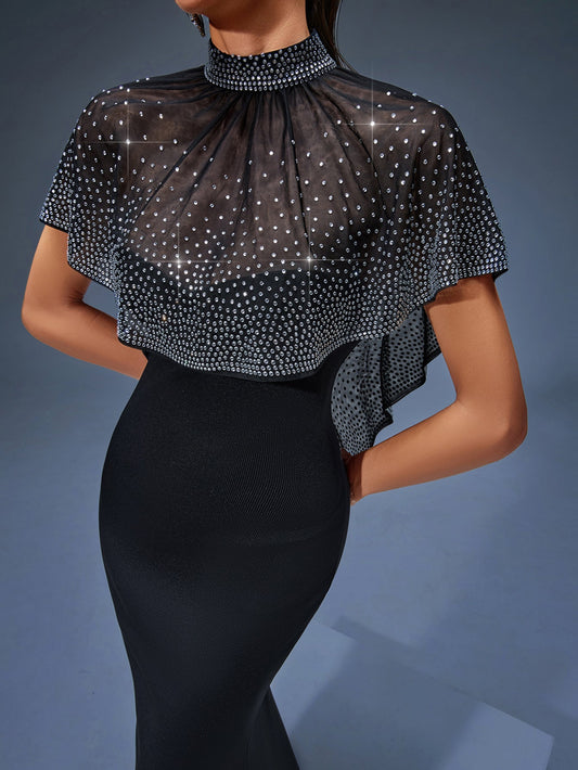 Long Tulle Dress with Pearl Cape for an Elegant and Sophisticated Look