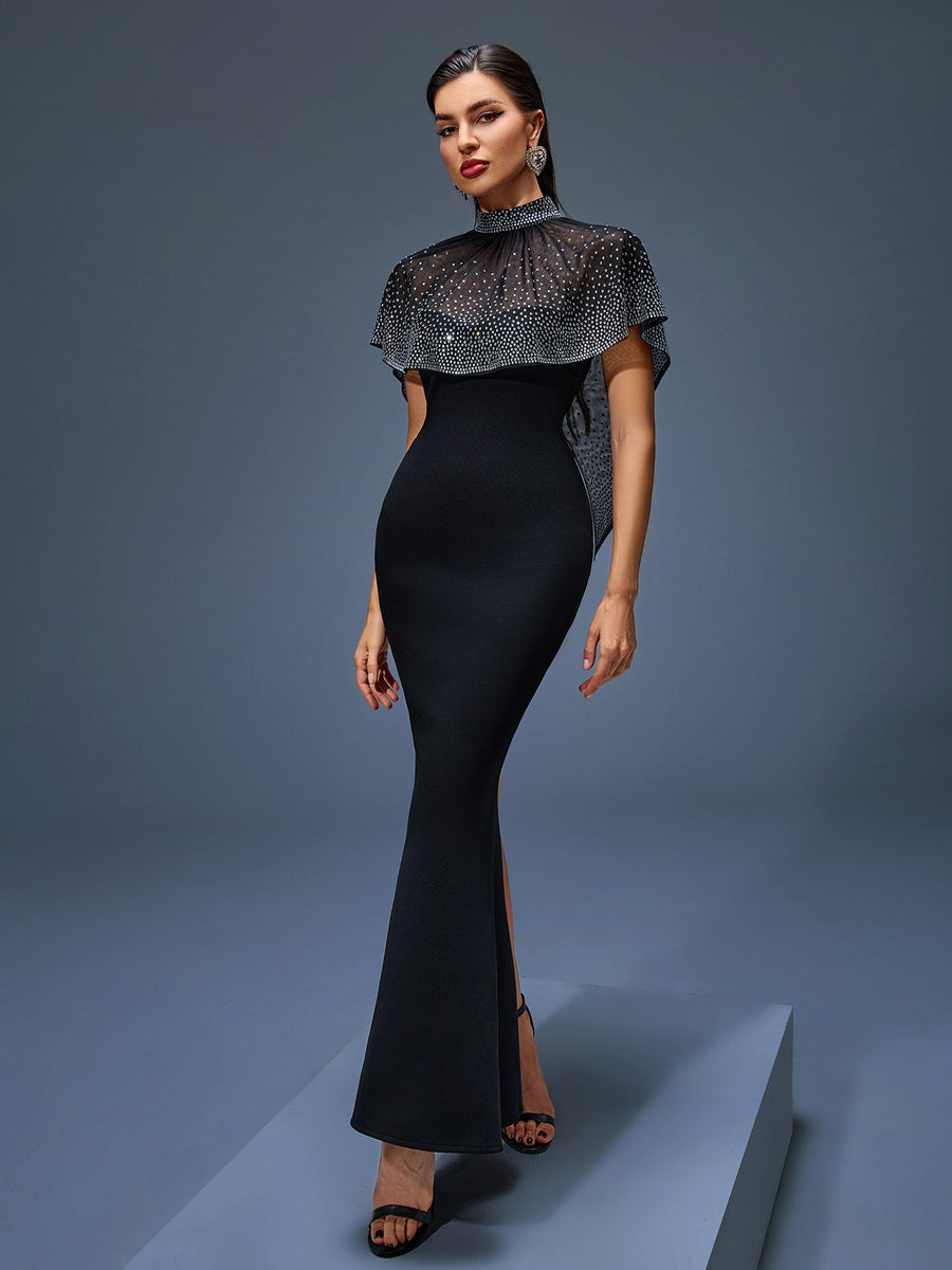 Long Tulle Dress with Pearl Cape for an Elegant and Sophisticated Look