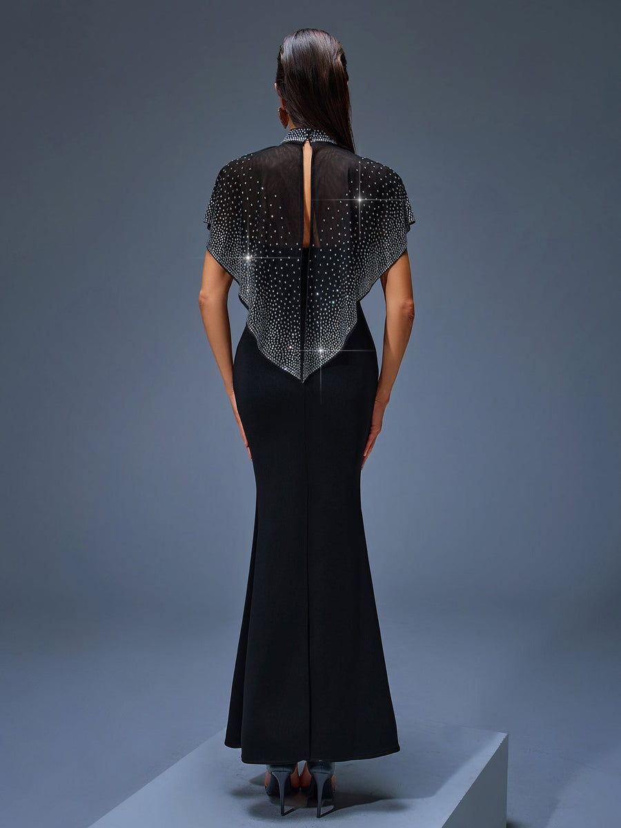 Long Tulle Dress with Pearl Cape for an Elegant and Sophisticated Look