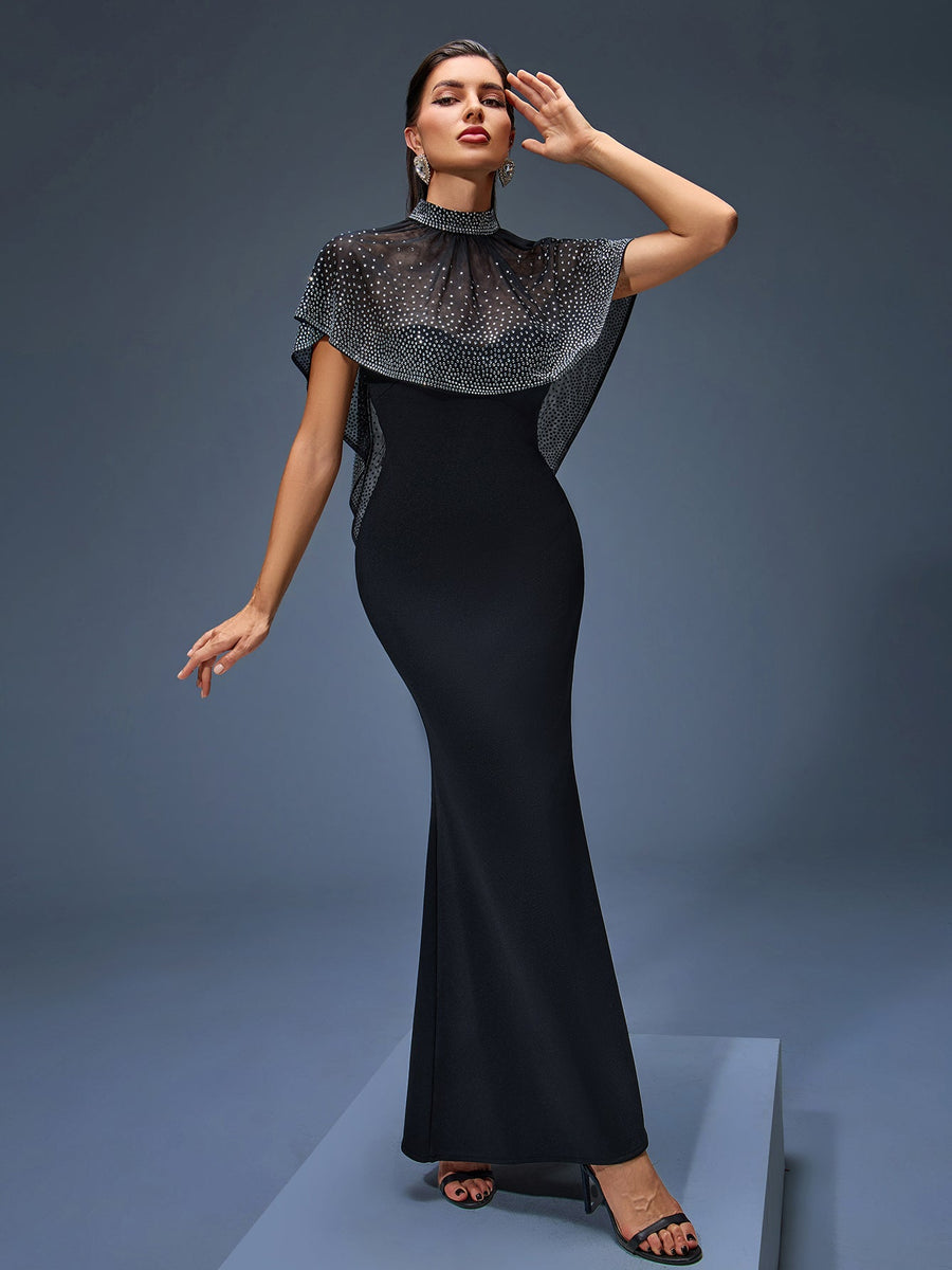 Long Tulle Dress with Pearl Cape for an Elegant and Sophisticated Look