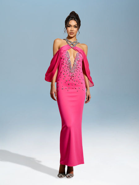 Bandage dress with slit and crystal embellishments