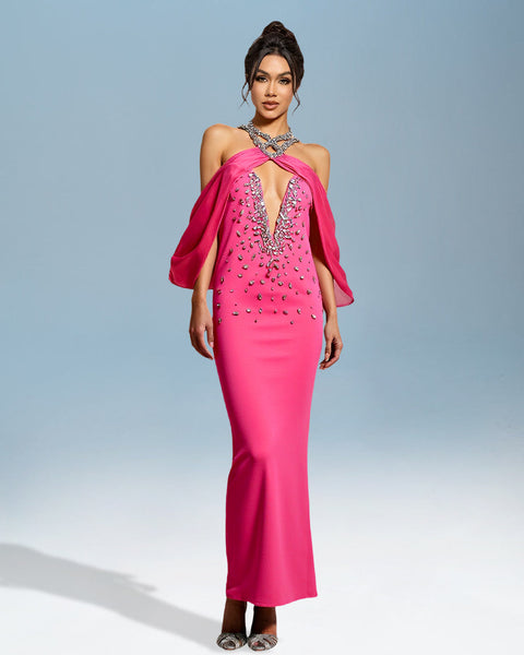 Bandage dress with slit and crystal embellishments