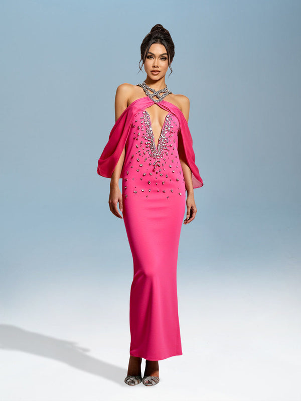 Bandage dress with slit and crystal embellishments