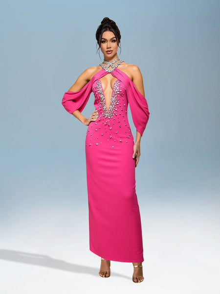 Bandage dress with slit and crystal embellishments