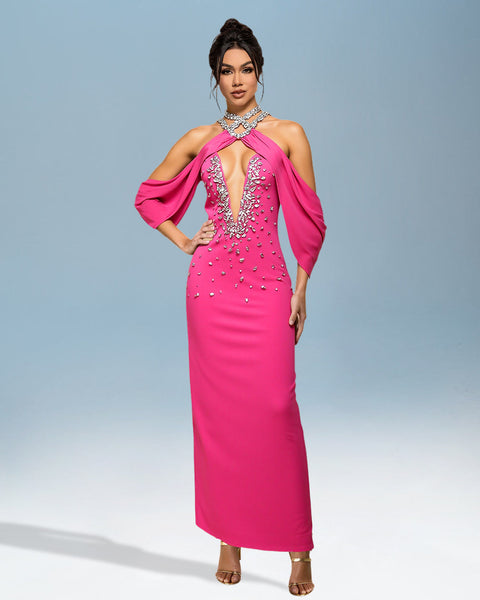 Bandage dress with slit and crystal embellishments