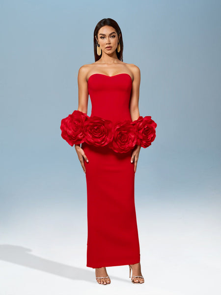 Bustante Maxi Dress with 3D Large Flower Print for a Spectacular Style