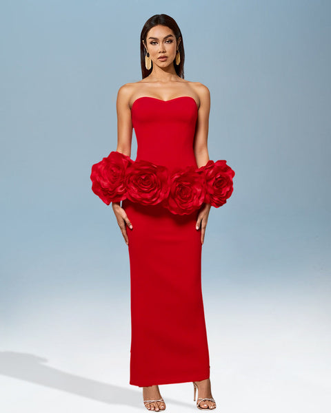 Bustante Maxi Dress with 3D Large Flower Print for a Spectacular Style