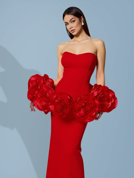 Bustante Maxi Dress with 3D Large Flower Print for a Spectacular Style