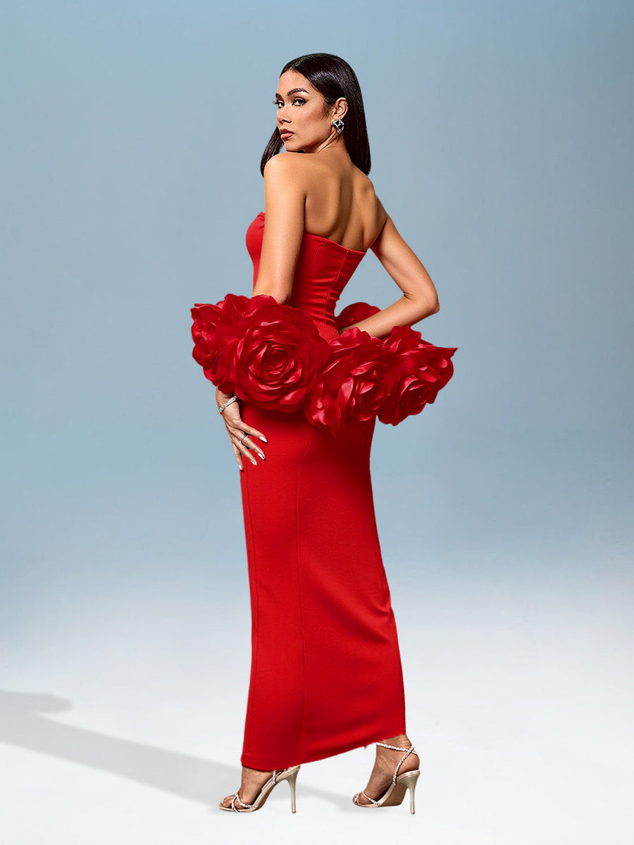 Bustante Maxi Dress with 3D Large Flower Print for a Spectacular Style