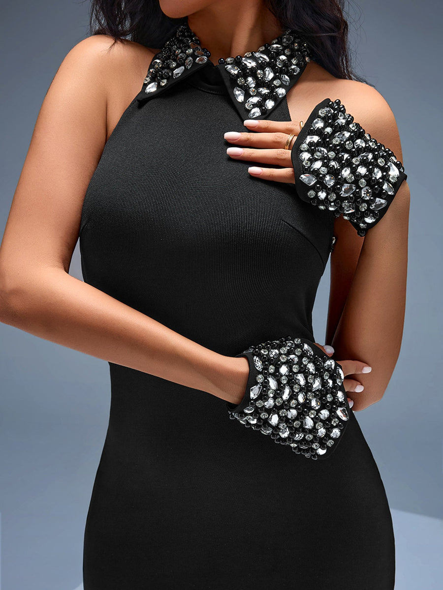 Crisscross crystal-embellished bandage dress with open back