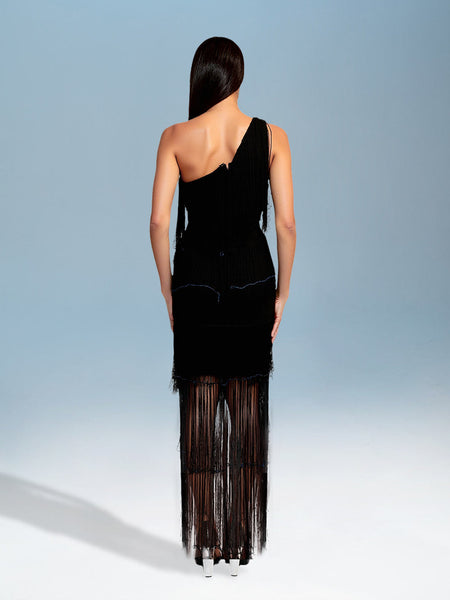 Layered fringe bandage long dress for an elegant and sophisticated look