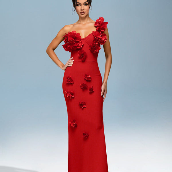 Red flower-decorated bandage dress for an elegant and striking style