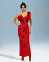 Red flower-decorated bandage dress for an elegant and striking style