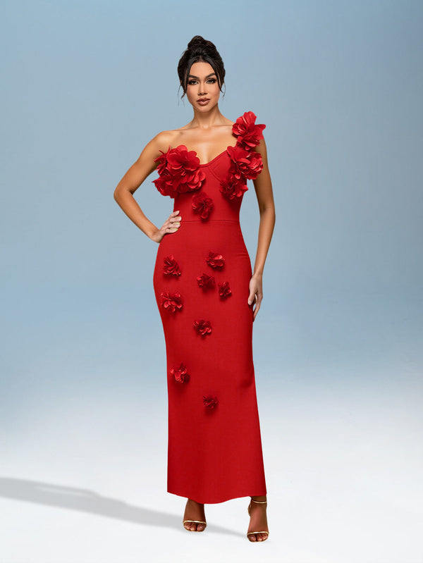 Red flower-decorated bandage dress for an elegant and striking style