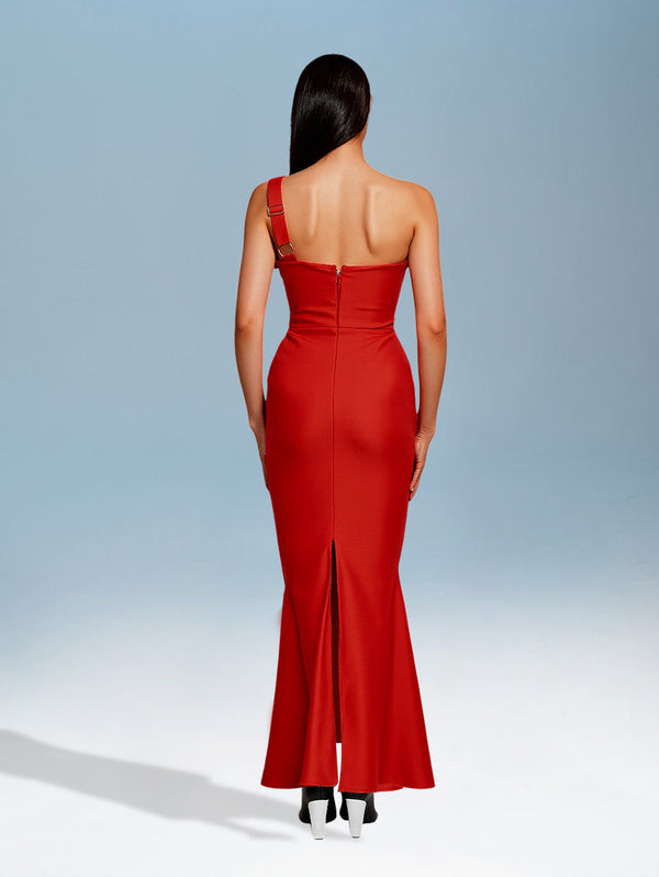 Red flower-decorated bandage dress for an elegant and striking style