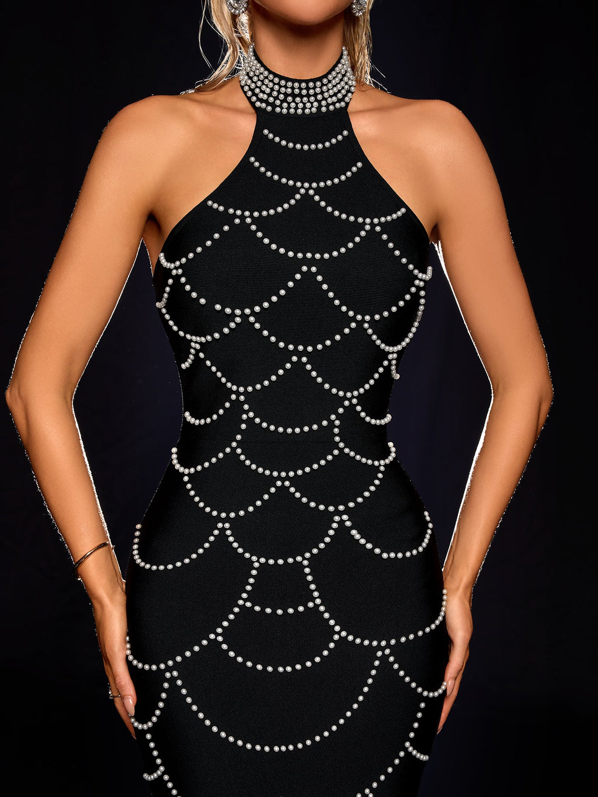 Halter Pearl Chain Web Bandage Dress