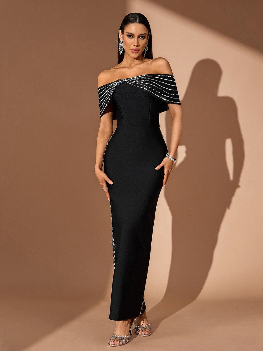 Off Shoulder Rhinestone Chain Bandage Dress