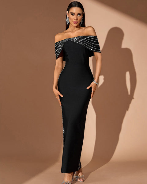 Off Shoulder Rhinestone Chain Bandage Dress
