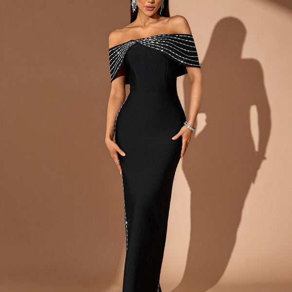Off Shoulder Rhinestone Chain Bandage Dress
