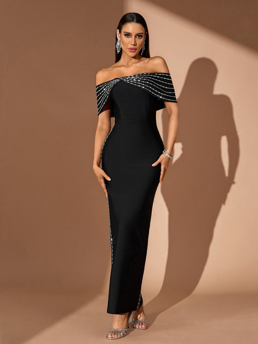 Claudette Fontaine — Off Shoulder Rhinestone Chain Bandage Dress