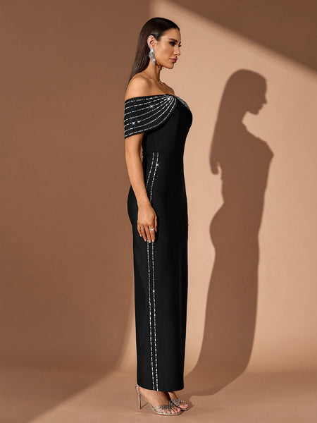Off Shoulder Rhinestone Chain Bandage Dress