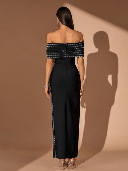 Off Shoulder Rhinestone Chain Bandage Dress