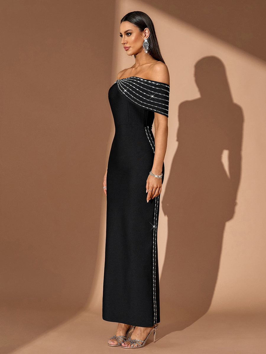 Off Shoulder Rhinestone Chain Bandage Dress