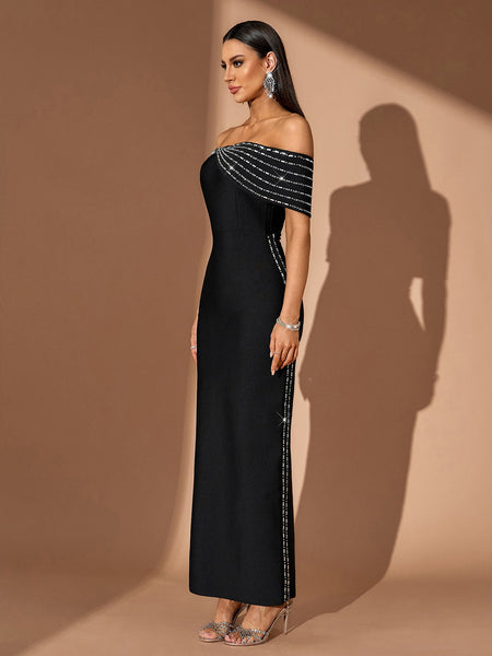 Off Shoulder Rhinestone Chain Bandage Dress