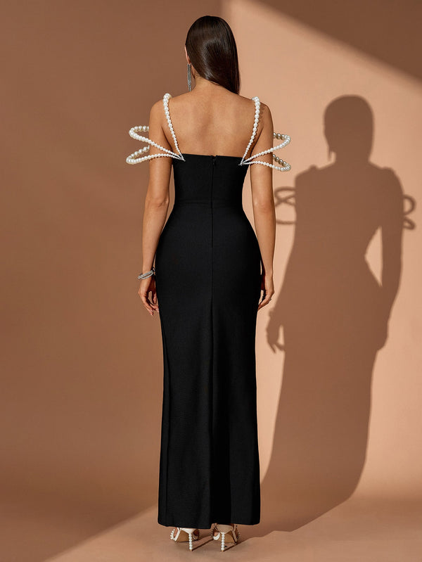 Pearl Embellished High-Slit Bandage Dress