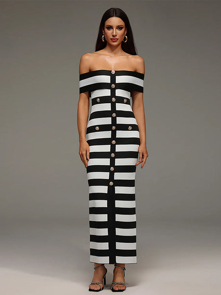 Button-Front Striped Bandage Dress