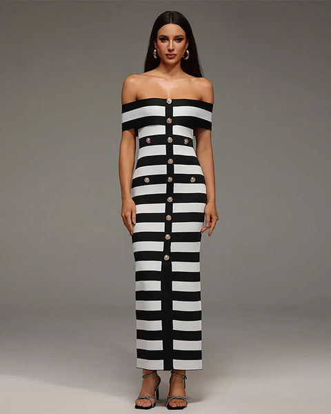 Button-Front Striped Bandage Dress