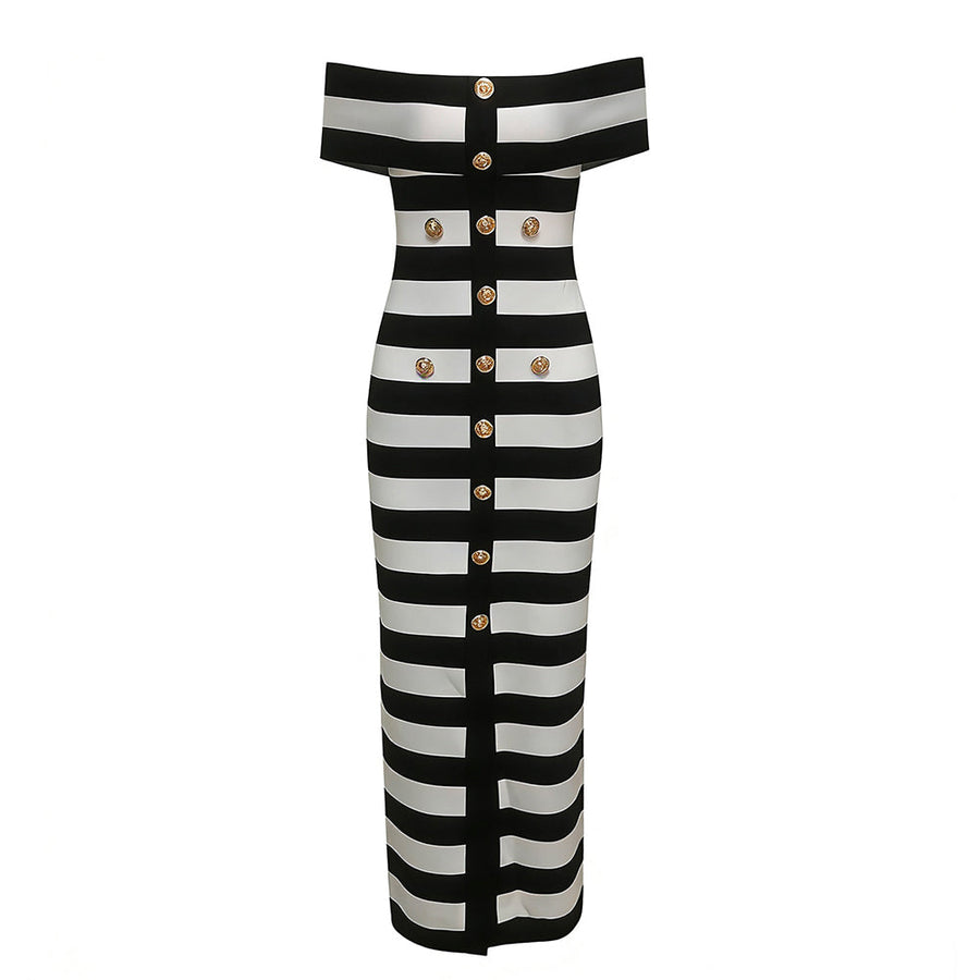 Button-Front Striped Bandage Dress