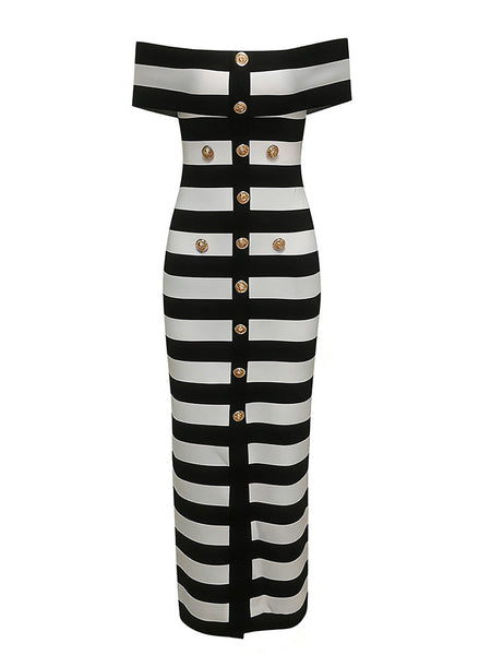 Button-Front Striped Bandage Dress