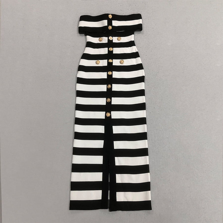 Button-Front Striped Bandage Dress