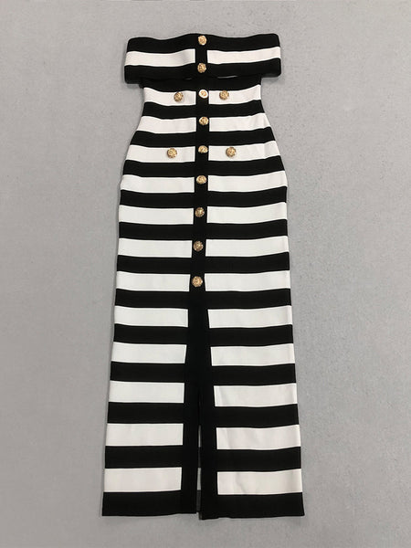 Button-Front Striped Bandage Dress