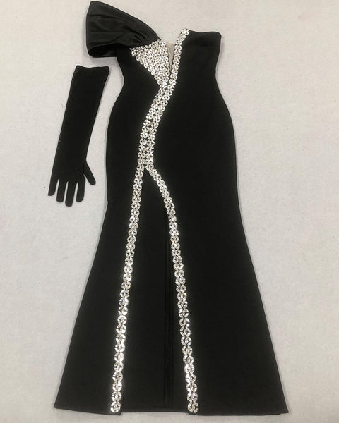 Asymmetric Crystal Side Slit Bandage Dress