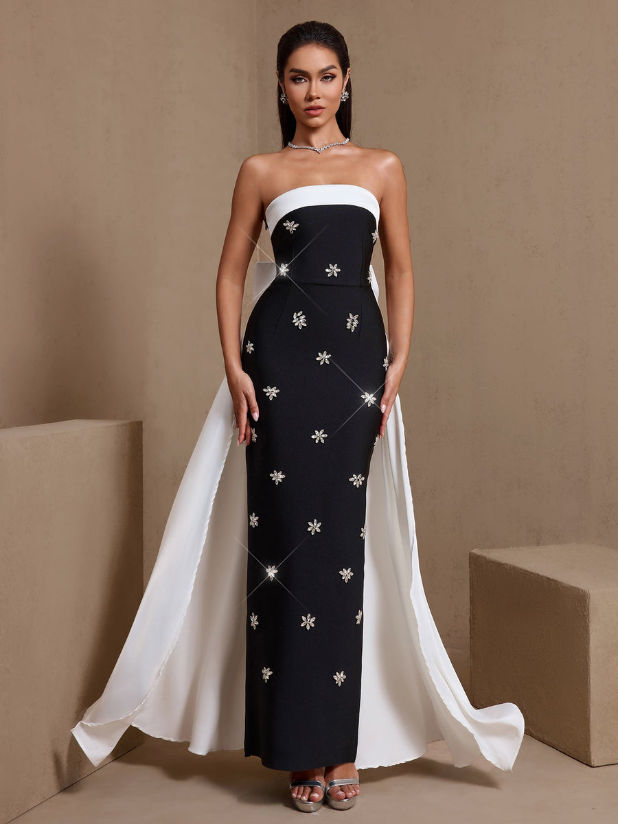 White-Bowknot Rhinestone Bandage Maxi Dress