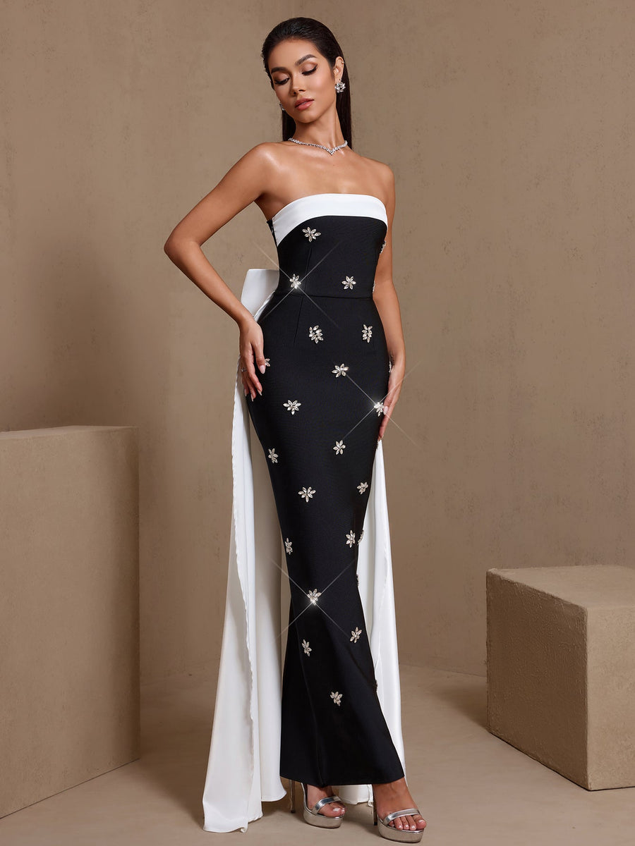 White-Bowknot Rhinestone Bandage Maxi Dress