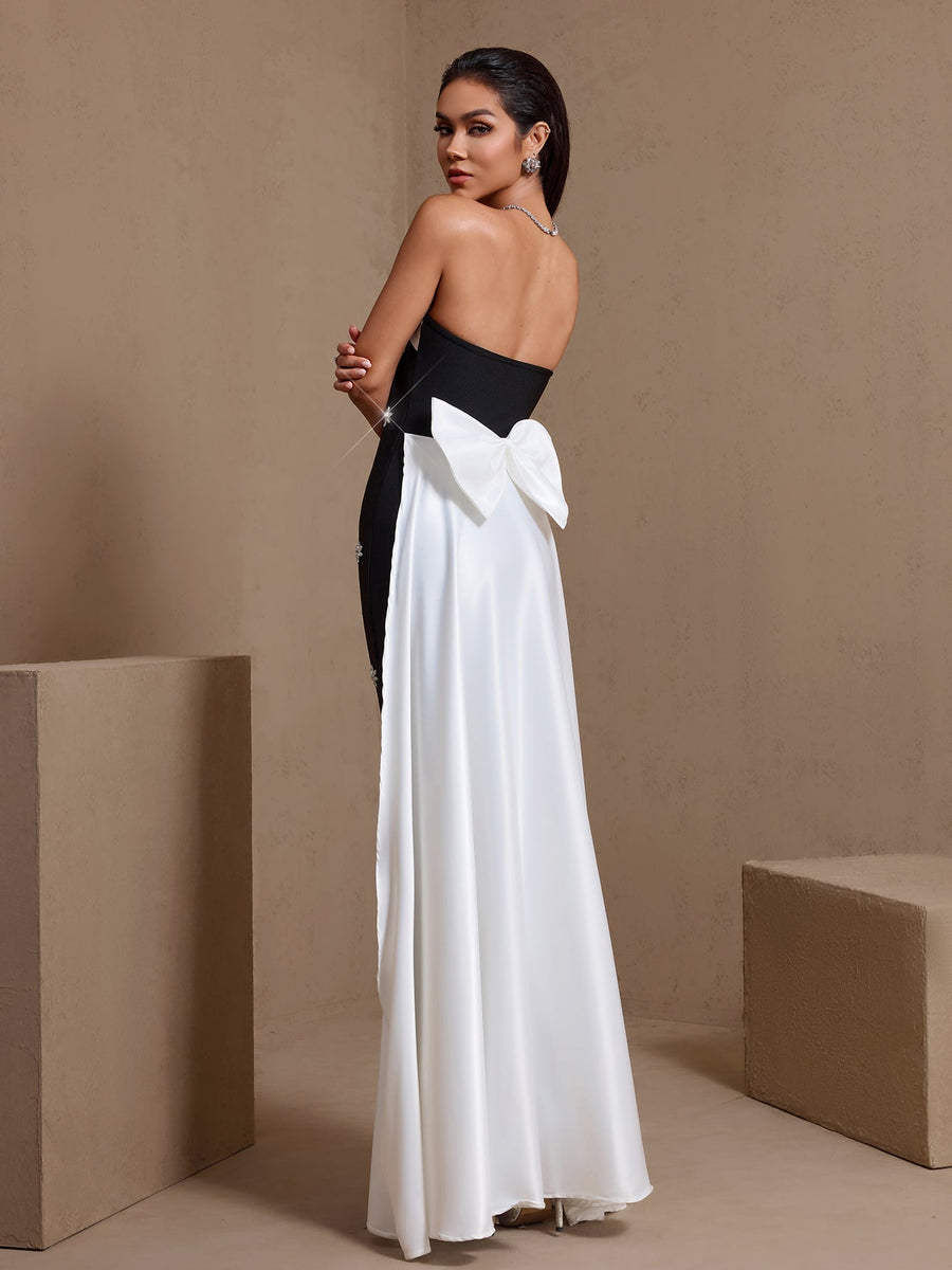 White-Bowknot Rhinestone Bandage Maxi Dress