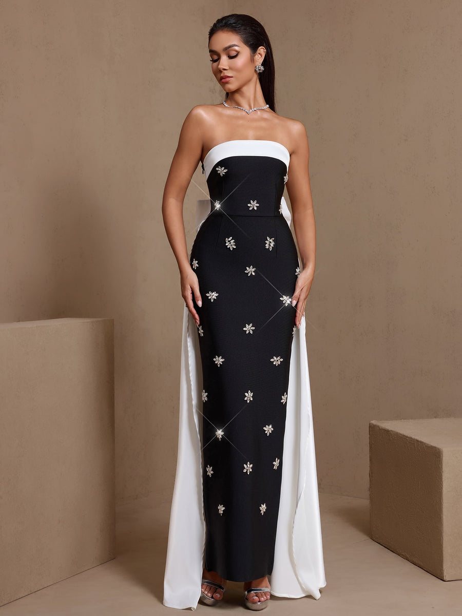 White-Bowknot Rhinestone Bandage Maxi Dress