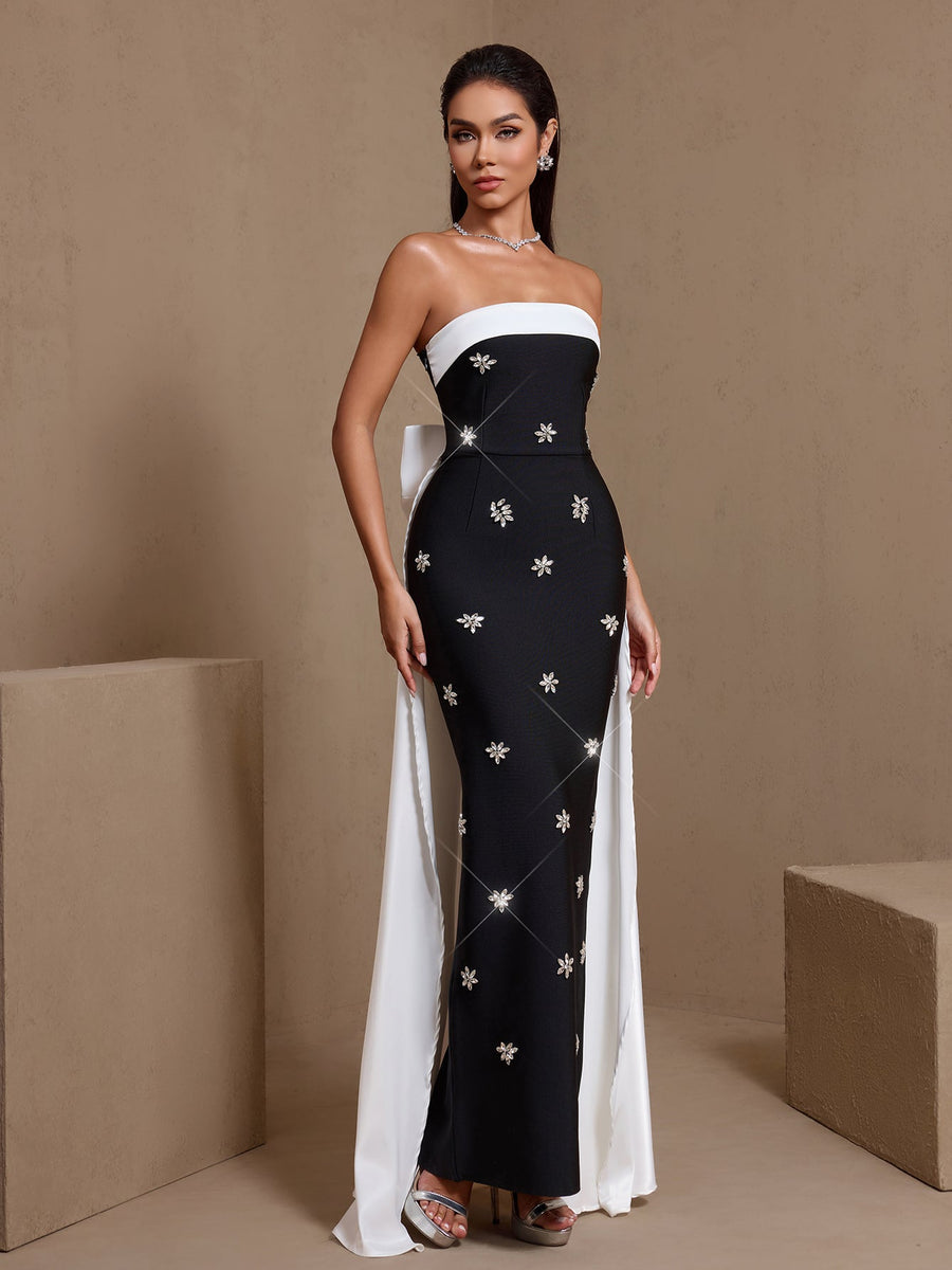 White-Bowknot Rhinestone Bandage Maxi Dress