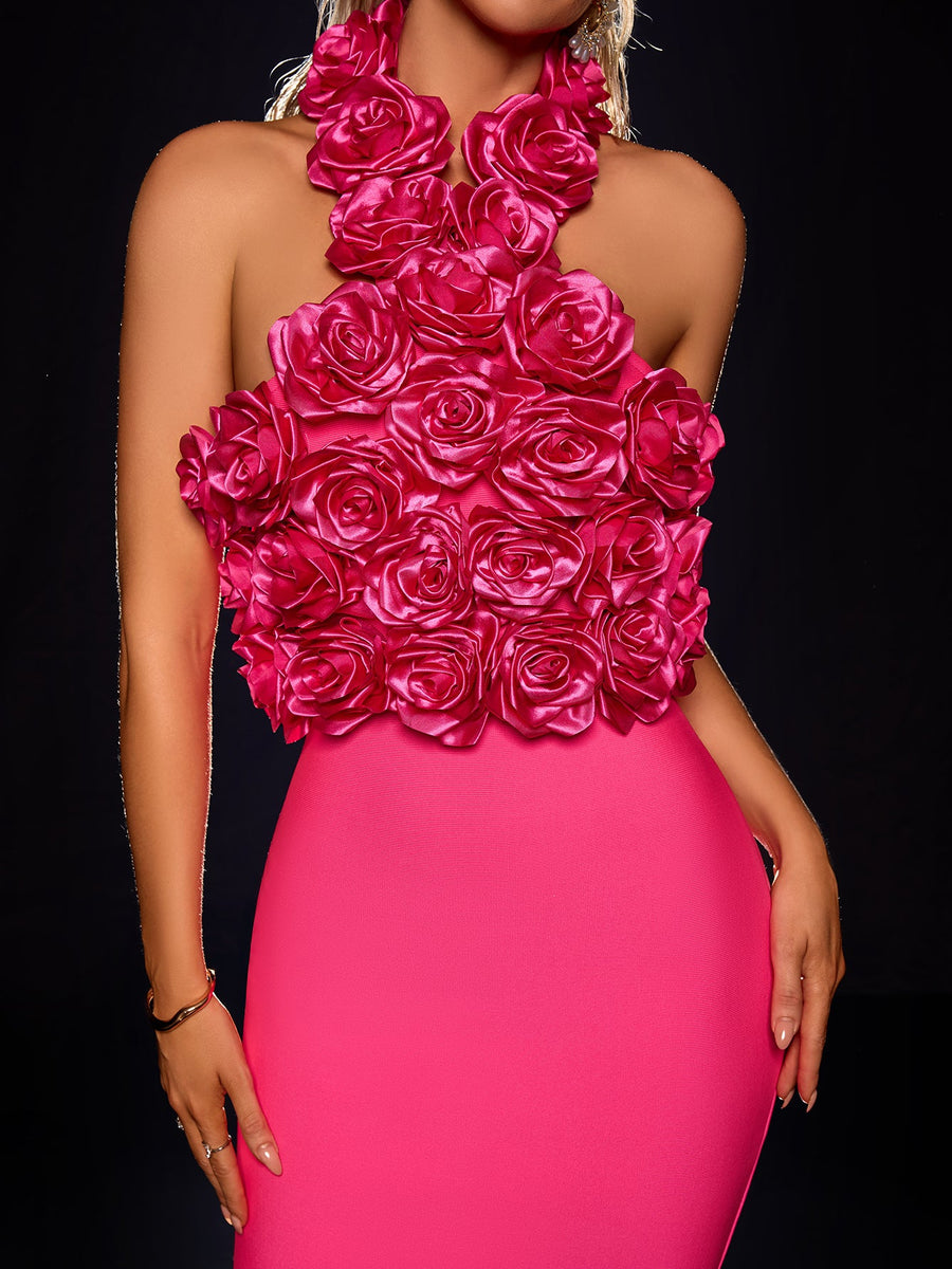 Neckholder-Bandage-Midikleid mit 3D-Blumen