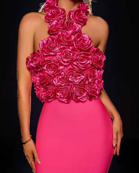 Halterneck 3D Flowers Bandage Midi Dress