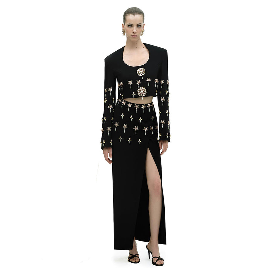 Henrietta Moreau — Crystal Embellished Slit Bandage Set Black Maxi Dress